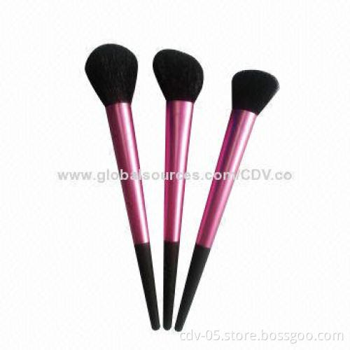 3-piece Makeup brushes, made of aluminum ferrule, plastic handle with rubber finish